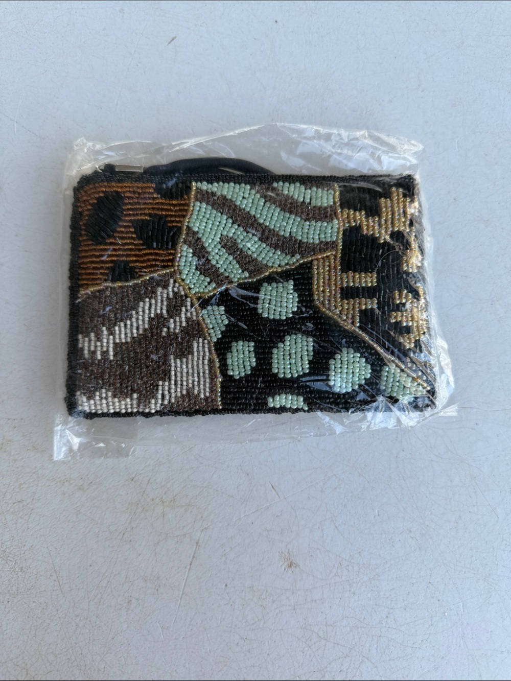 NWT Ermo Beaded Patchwork Card & Key Holder in Mint, Black & Brown